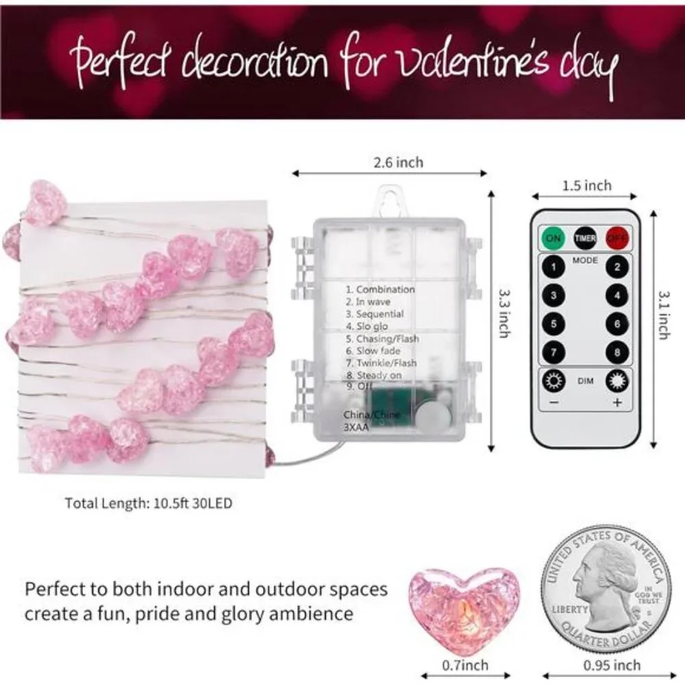Lovely Valentine’s Day Fairy String Lights 10.5 ft 30 LED Pink Heart Battery
